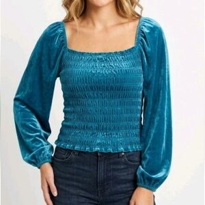 Jodifl Women's Blouse Medium Velvet Smocked Teal Long Sleeve Boho Revival EUC